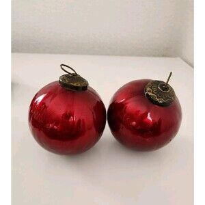 2 Kugel Style Red Crackle Ball Christmas Ornament 3.5” Vintage Heavy Glass